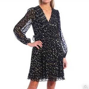 A loves A Silk Metallic Gold Black Long Sleeve Babydoll Layered Dress Size Small